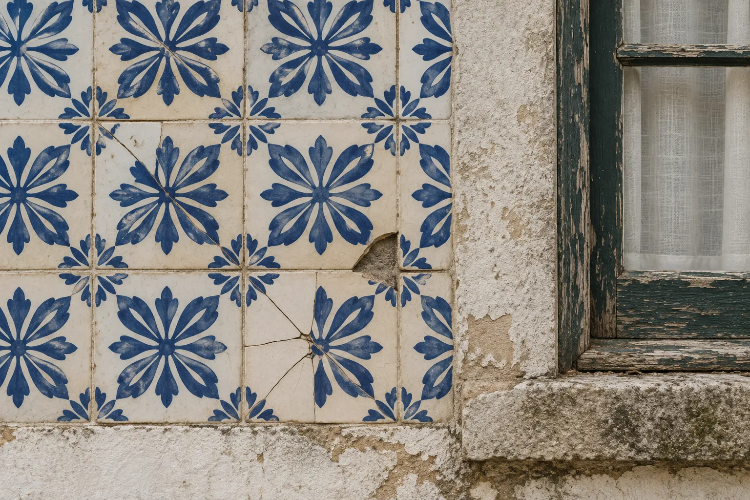 The cracked facade tiles.